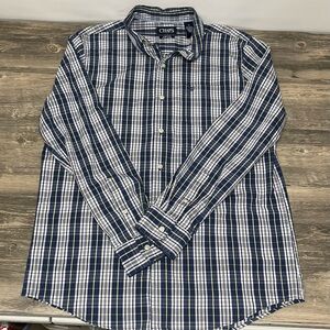 Chaps Men’s Medium Blue White Yellow Plaid Long Sleeve Button Down Stretch Shirt